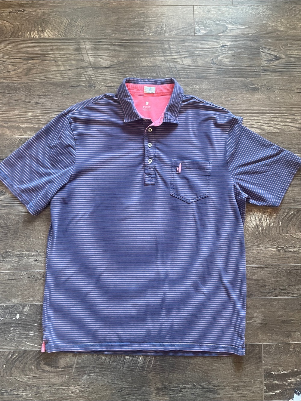 johnnie-O Blue Striped Polo with Pink Collar Accent Size Large